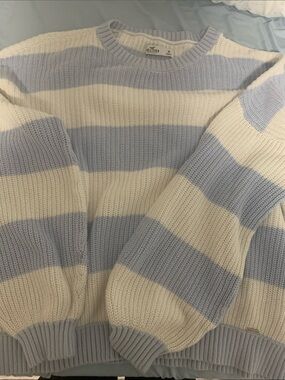 Hollister Light Blue and Cream Striped Crewneck Sweater